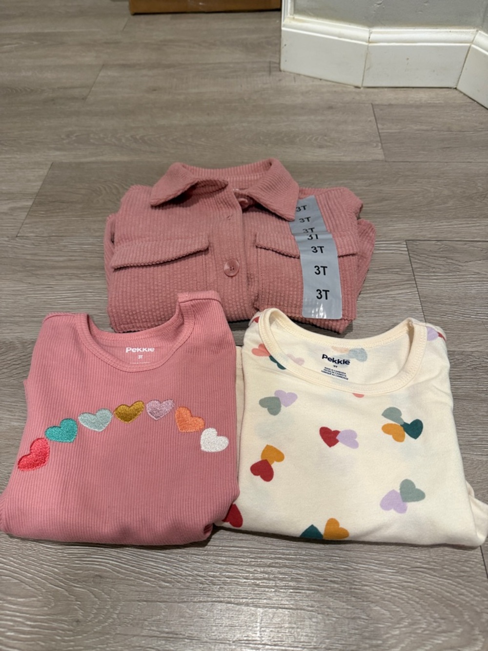 Girls' 3T Heart Print 3-Piece Top Set - Pink & Cream